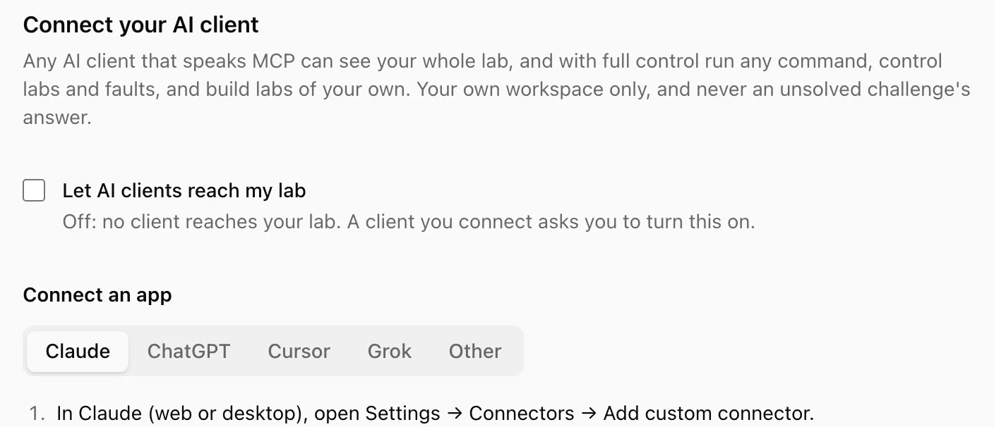 Profile, AI clients: the switch to let AI clients reach your lab, off, and a guide for Claude, ChatGPT, Cursor, Grok and Other