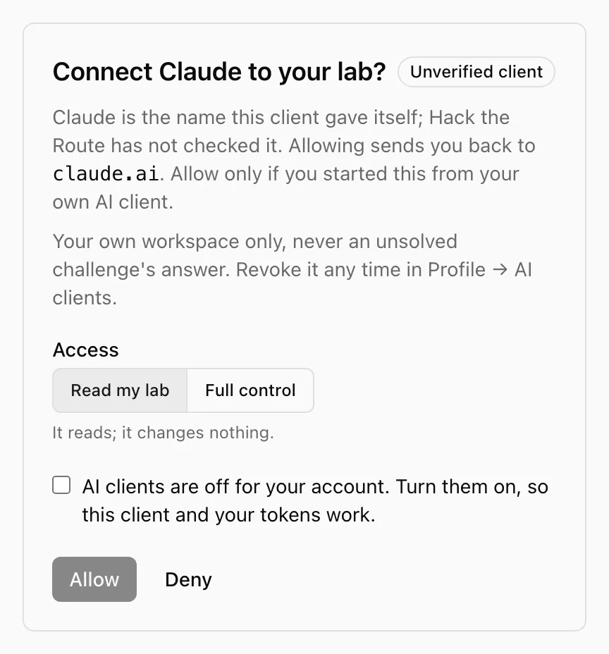 The consent screen: Connect Claude to your lab? with the choice of Read my lab or Full control, and a box to turn AI clients on
