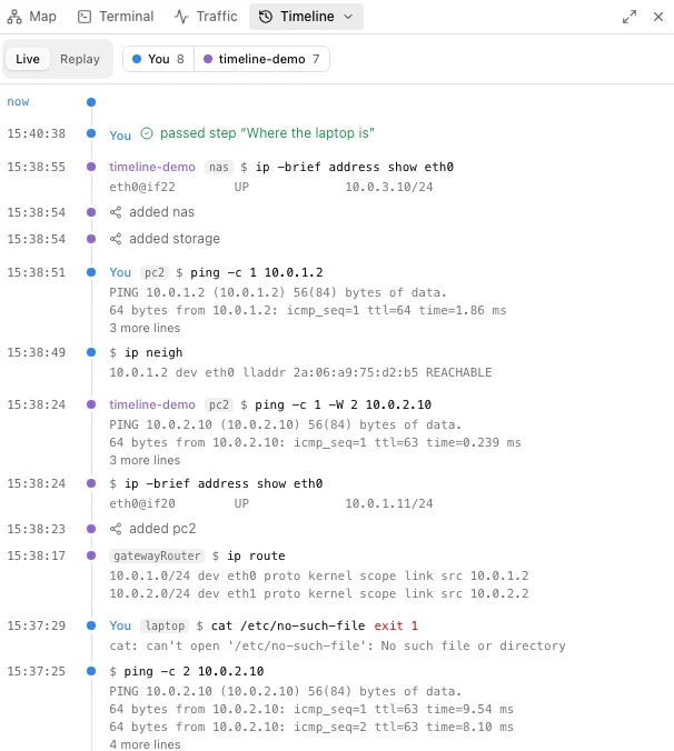The workspace Timeline, live: commands run by You and by a connected app named timeline-demo, each with its output, plus the machines it added